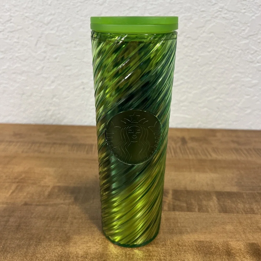 Starbucks White Pearl Stainless Steel Vacuum & Holiday Green Swirl Tumbler 16oz‎